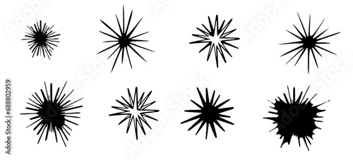 Clipart image in pop art style of blob, star, flash drawn by hand ink style minimalism. Set simple objects signs for design. Spiny sea urchin, cartoon explosion symbol. Abstract symbols for decoration