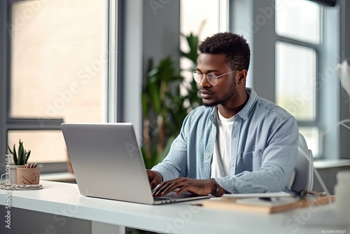 Busy professional business man company employee, young male worker software developer, businessman typing on computer technology using laptop searching on web working at office workplace desk.