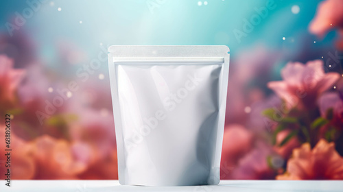 White Blank Mockup Doypack Packaging Standing on A Blurred Pink Flowers Background, White Doypack Packaging Template To Customize, With Feminine Accent