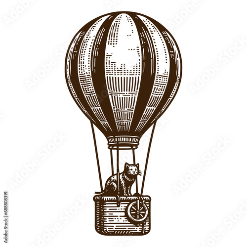 hot air balloon with a cat vintage sketch