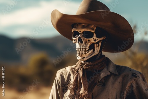 A skeleton dressed in a cowboy hat and scarf. This image can be used for Halloween-themed designs or to add a touch of Western flair to projects