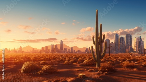 A solitary cactus in the desert, its spines transforming into the bristling skyline of a modern metropolis at sunset.
