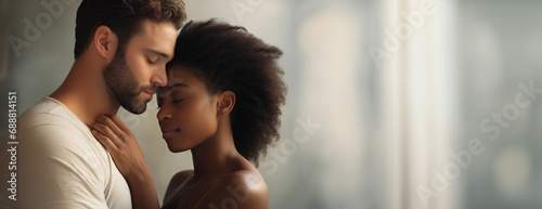 Young Interracial Couple Concept - copy space - Caucasian white man and black African american woman - bokeh background