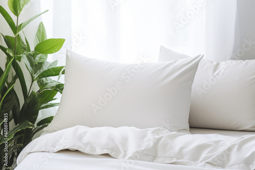 Bedroom interior design details. Comfortable bed with soft white pillows and bedding in bed