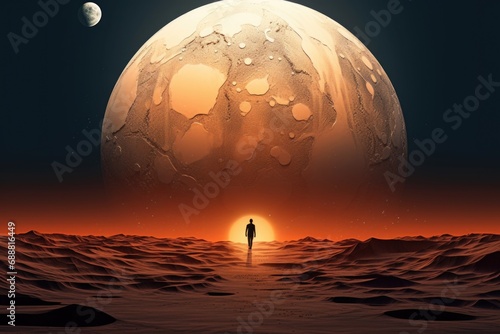 A man stands in the middle of a desert with a planet visible in the background. This image can be used to depict solitude, exploration, or the vastness of the universe
