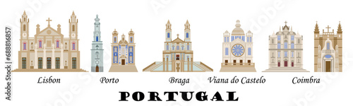 Horizontal panorama of the architectural sights of Portuguese cities. Set of the main churches of the Portuguese cities of Lisbon, Porto, Coimbra and Braga. For the design of souvenirs and banners.