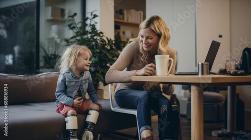 A happy girl with prosthetic leg hugging blonde mother working on laptop in modern living room