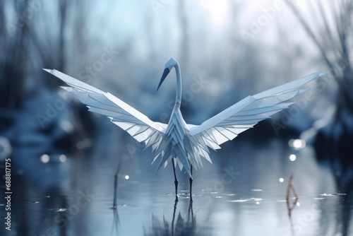 A crane standing in the water with its wings spread. Suitable for nature and wildlife-themed projects