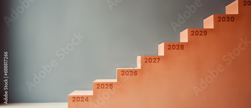 stairs with a new number on each step representing the new year 2024, 2025, 2026, 2027, 2028, 2029, 2030