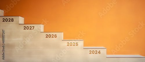 stairs with a new number on each step representing the new year 2024, 2025, 2026, 2027, 2028