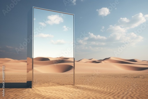 A mirror is positioned in the middle of a barren desert landscape. This image can be used to depict solitude and reflection