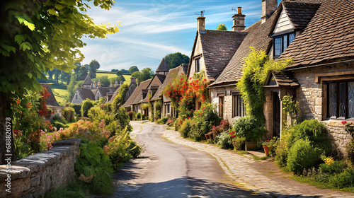Beautiful idyllic old English village street with cottages made of stone and front garden with flowers