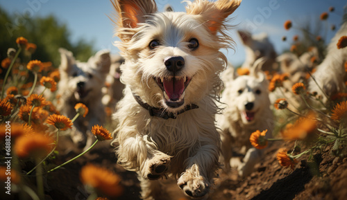 A pack of playful terriers frolic through a sun-drenched field of wildflowers, their wagging tails and joyful barks filling the air with pure, unbridled happiness