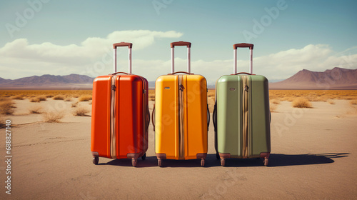 Tres maletas para viaje de diferentes colores de pie y con el asa estirada en un desierto 
