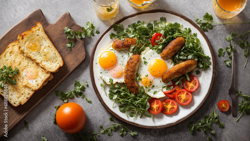 Appetizing breakfast with fried eggs, sausages, tomatoes in the kitchen plate