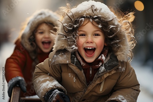 A group of smiling young children, bundled up in cozy winter jackets and fur clothing, braving the snowy streets with a woman by their side