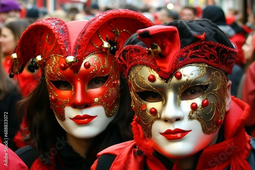 Faces of people in red carnival masks at the Venetian carnival.