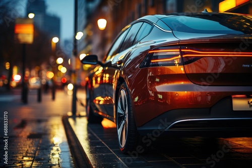 A sleek sports sedan, with its luxurious design and glowing automotive lighting, stands out among the darkness of the night as it sits parked on the sidewalk, a bold contrast to the outdoor road it w