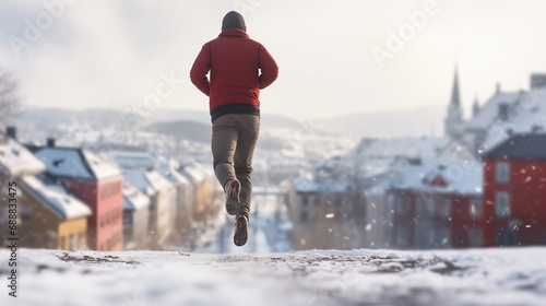 Energetic happy man jogging in a snowy city on a sunny winter day. View over a nice residential area with modern buildings. Person exercising outdoors, in a northern European town. Active lifestyle.