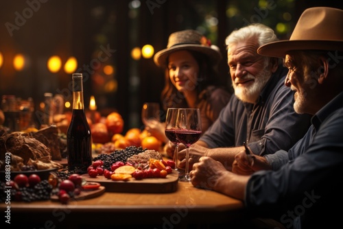 A diverse group of individuals donning fashionable hats sit around a table, indulging in a spread of delicious food and sipping on wine, creating a cozy and stylish indoor gathering