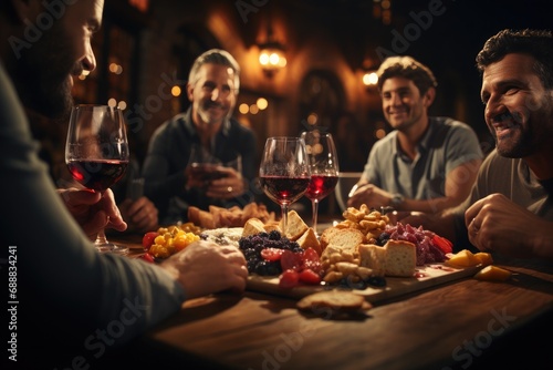 A group of stylishly dressed people sit around a lavish table, clinking their wine glasses and enjoying a decadent dinner party filled with laughter and good company