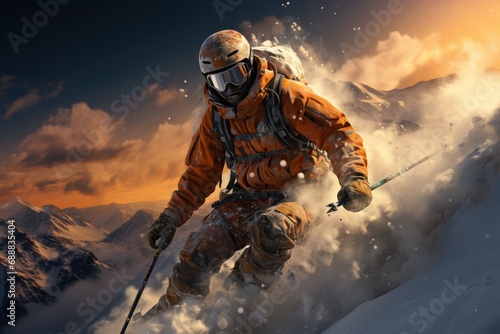 A daring mountaineer rides the snowy slope, helmet glinting under the bright winter sky, braving the glacial landform on their skis in an epic outdoor adventure