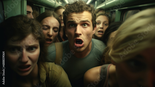Young man having claustrophobia in public transport
