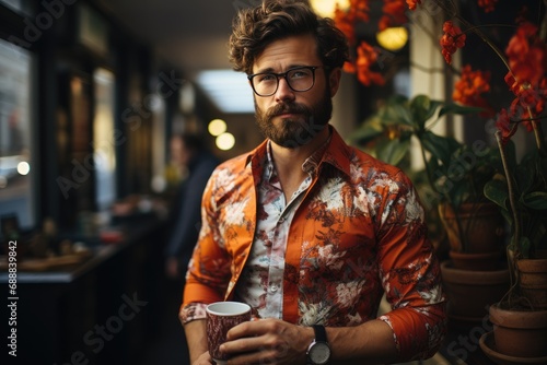 A stylish man stands outdoors, holding a cup of coffee in one hand and a vibrant houseplant in the other, his glasses reflecting the bright flower as he gazes confidently into the distance