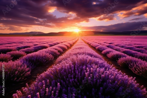 Beautiful sunset over lavender field, Endless purple lavender field at sunset, cold purple tones, Rows of purple lavender in height of bloom