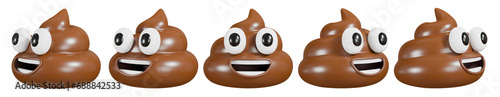 Happy smiling poop emoji icon set. 3D rendering.