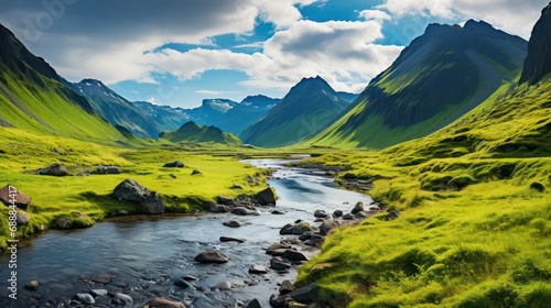 Peaceful nature landscape with green mountain views, with river in the middle