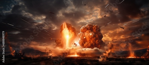 Rocket launch with fire clouds during a battle scene at night, with rocket missiles aimed at the gloomy sky. Rocket vehicle on a war background with selective focus.