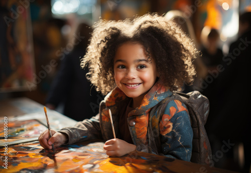 Little mixed race girl with backpack painting in restaurant