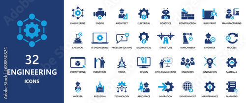 Engineering icons collection. 32 designs of engineering icon. Solid icon elements.