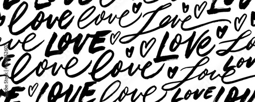 Abstract seamless banner pattern with words 'love' and hearts.
