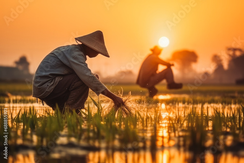 Asian farmer workers working at rice farm fields and harvesting rice. Vintage clothing with straw hats. Beautiful sunrise in morning.