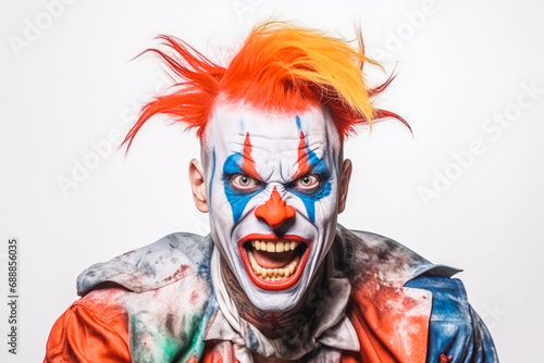Portrait of a scary crazy looking maniac killer clown with make-up and big red nose with colorful hair and joker outfit. Isolated on white background.
