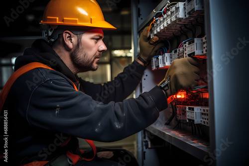 Male commercial electrician at work on a fuse box