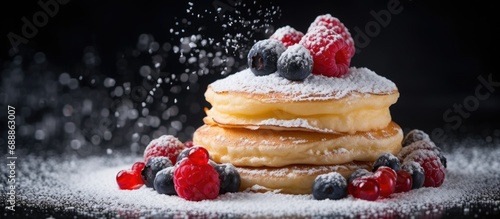 Powdered sugar on Japanese pancakes with berries.
