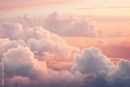 Light pink clouds in sunset blue sky. Pastel colors of clouds, sunrise sundown natural dreamy background for a product, wallpaper for a screen lock, banner