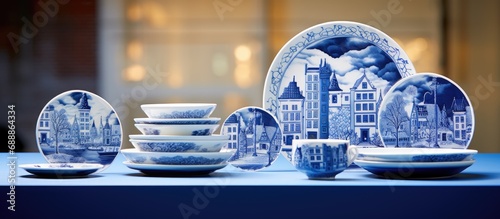 Showcase Delft blue items, like plates and tiny houses
