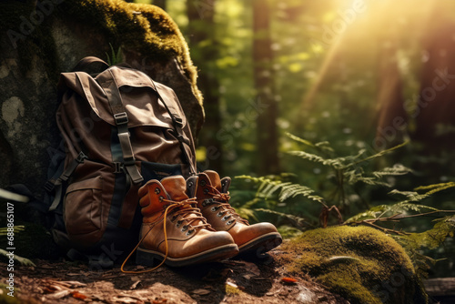 Backpack and leather ankle boots in forest on sunny summer day. Hiking equipment.