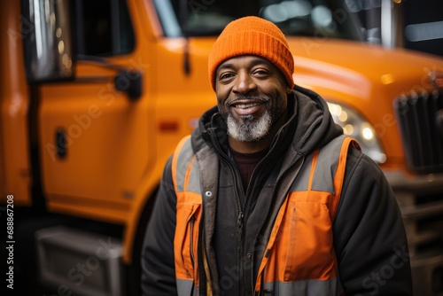 Black male truck driver posig in front of his truck