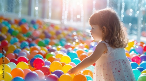 Child playing in pool. A toddler is playing in a ball pool. Concept for playground and children's happiness