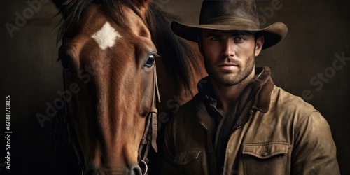 a handsome cowboy man wearing a cowboy hat next to a horse, generative AI