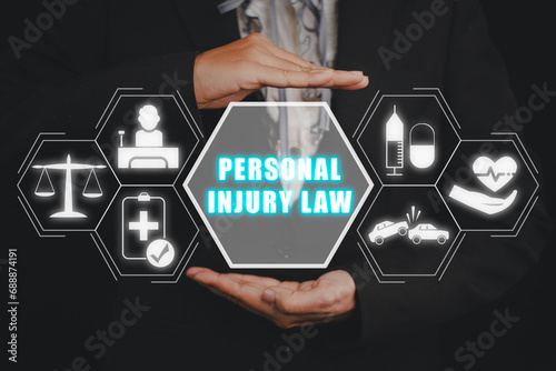Personal injury law concept, Business woman hand holding personal injury law icon on virtual screen.