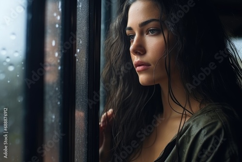 Mysterious Elegance: Sensual Charisma of a Beautiful Woman Gazing Behind a Rainy Window, Infusing Allure into the Décolletage in the Enigmatic Atmosphere.