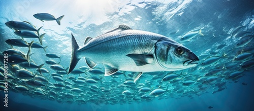 Scuba diving captures photo of big fish swirling underwater. School of silver fish swims in shallow tropical sea.