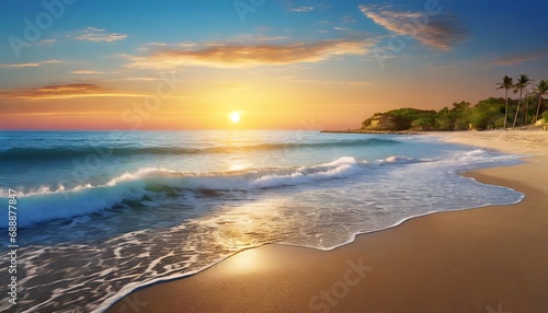 A view of the sun rising over calm sea waves seen from the beach. sunrise on the beach