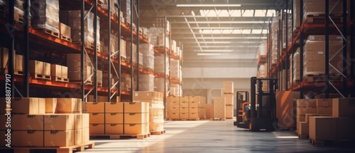 Retail warehouse full of shelves with goods in cartons, with pallets and forklifts. Logistics and transportation blurred background. Product distribution center